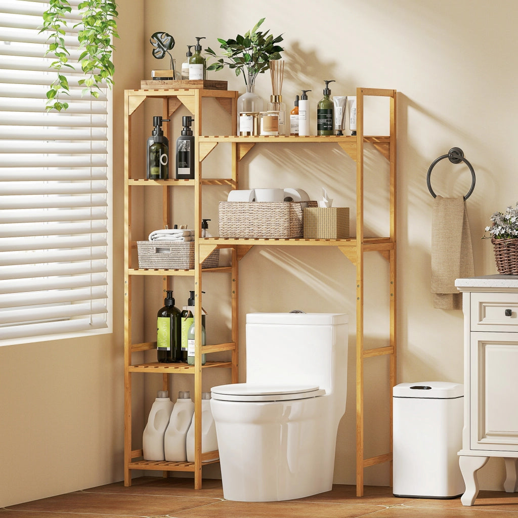 Mobile Sopra Lavatrice a 7 Ripiani 100x40x157 cm con Spazio Regolabile in Bambù color Legno
