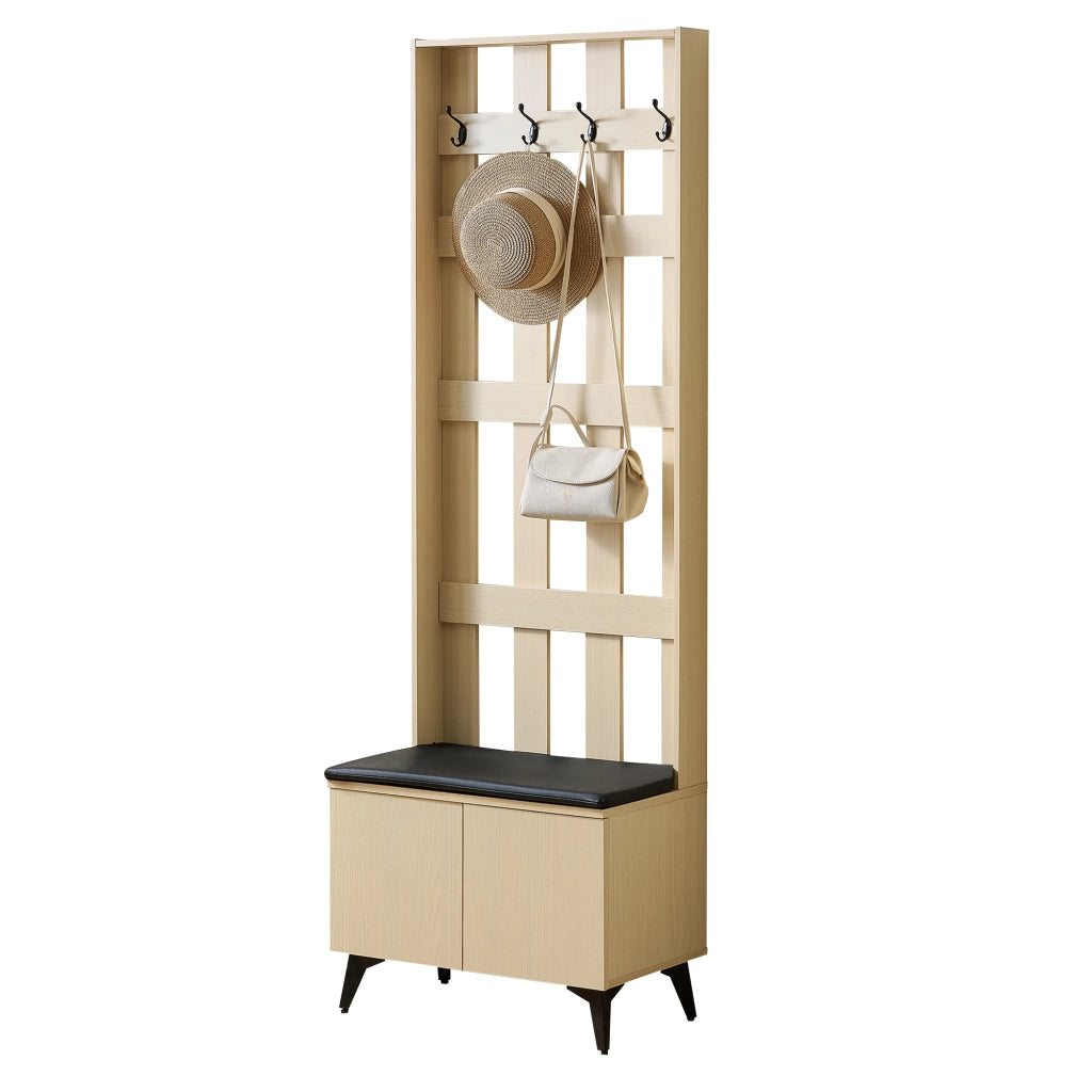 GARDEROBA con 4 ganci e panca 60x35x179,5 cm MDF effetto legno e acciaio nero