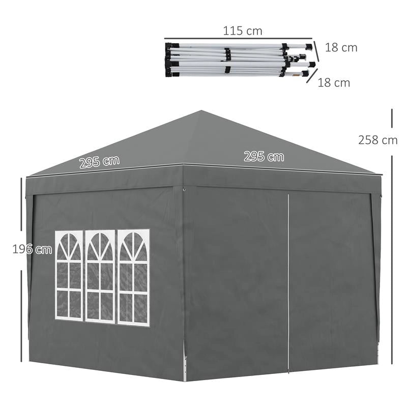 GAZEBO DA ESTERNO 3X3 M PIEGHEVOLE CON 4 PANNELLI LATERALI IN ACCIAIO E TESSUTO OXFORD GRIGIO