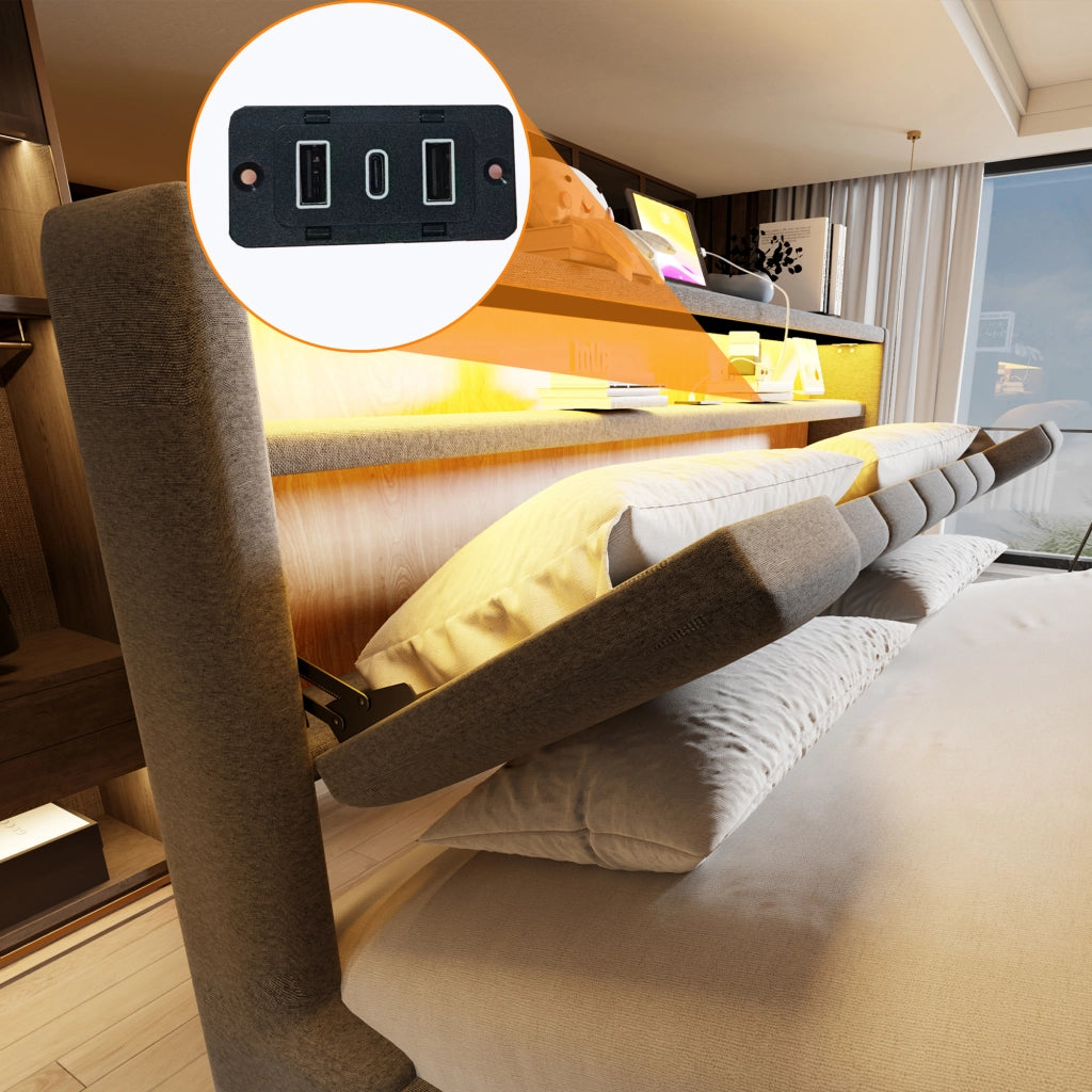 Letto imbottito 180x200 cm con contenitore; LED e USB in tessuto grigio