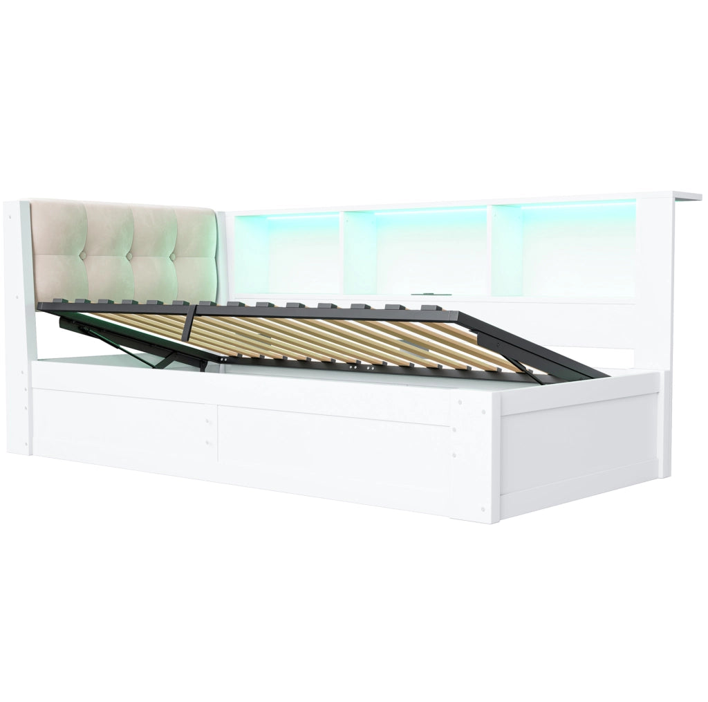 Letto contenitore 209x113.8x80.6 cm con alzata idraulica; LED e USB in legno di pino e MDF bianco