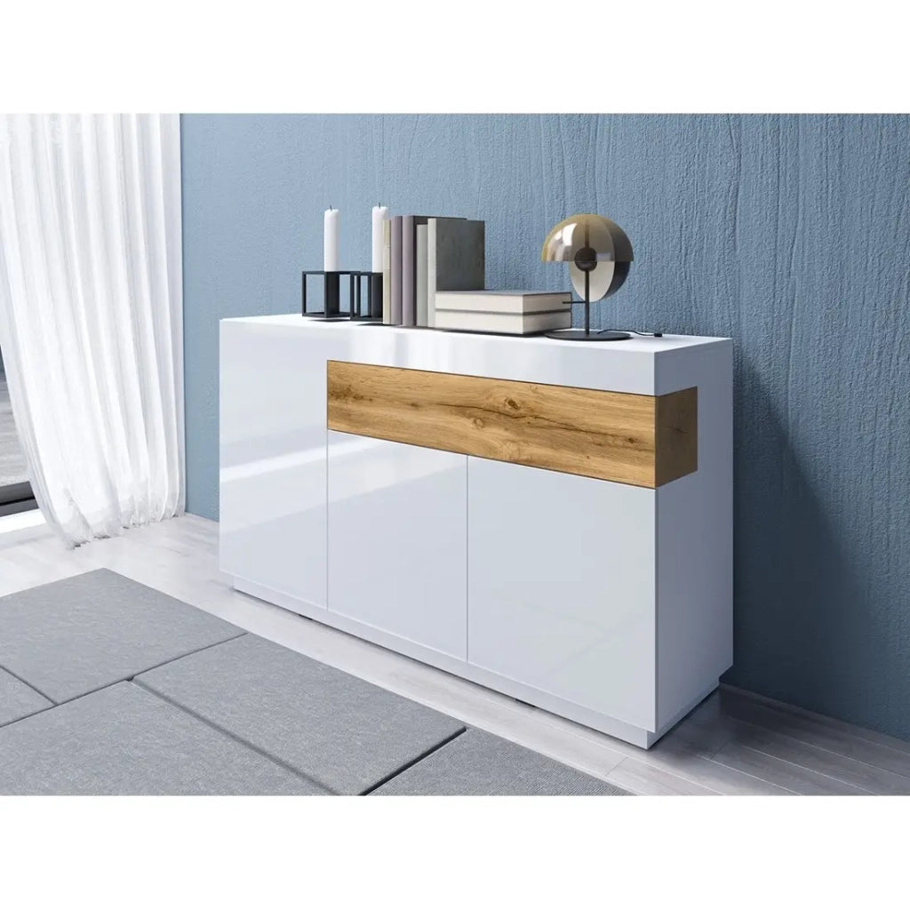 Buffet, credenza, enfilade KILES con tre porte e un cassetto. Colori bianco e rovere. Stile design.