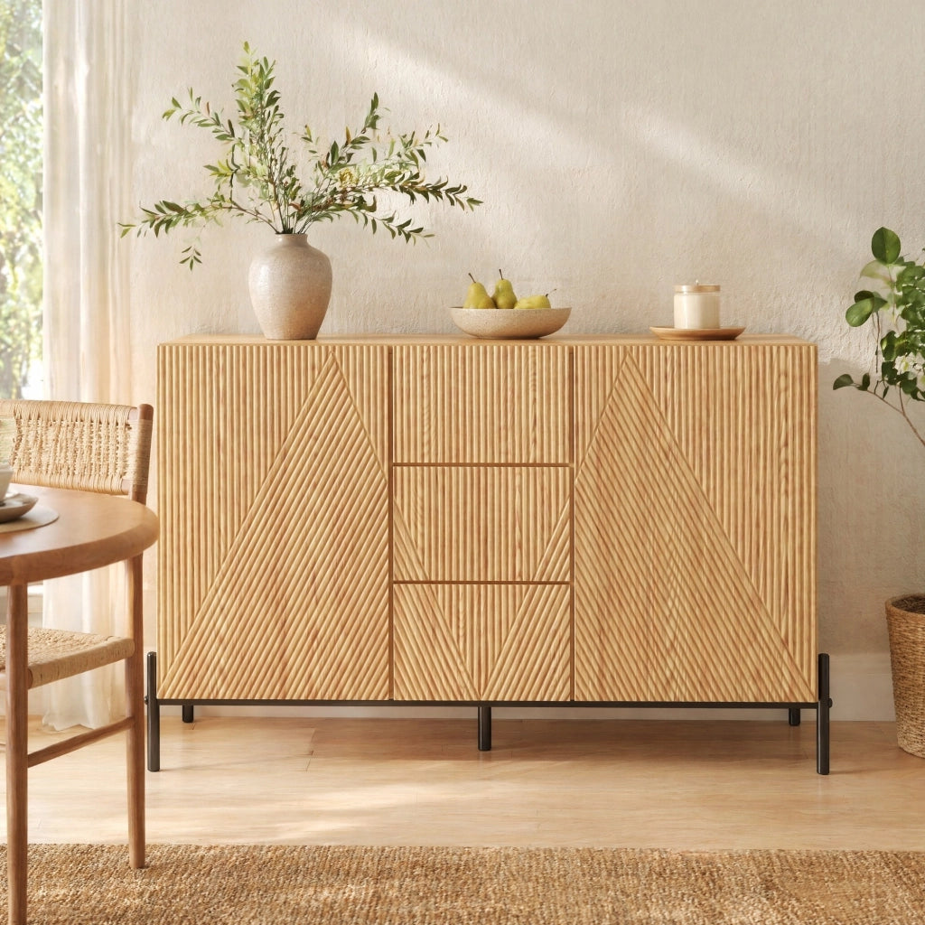 Credenza con 2 ante e cassetto centrale in MDF effetto legno naturale con gambe in ferro 115,5 × 40 × 76 cm