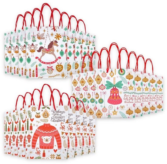 ONF3 - Borse di Natale - Sacchetti regalo - Riciclabili - 24 pezzi - Con maniglia - Motivi a colori - Ideali per regali di Natale - 16 x 10...