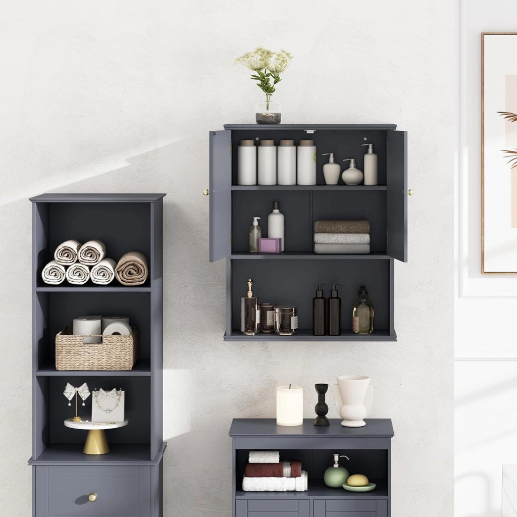 Mobile da Bagno, Armadietto a 2 Ante con Ripiano Regolabile, Armadio da Parete con Mensola Semi-aperta per Asciugamani, Prodotti per la Cura della Pelle e Articoli da Bagno (Grigio)