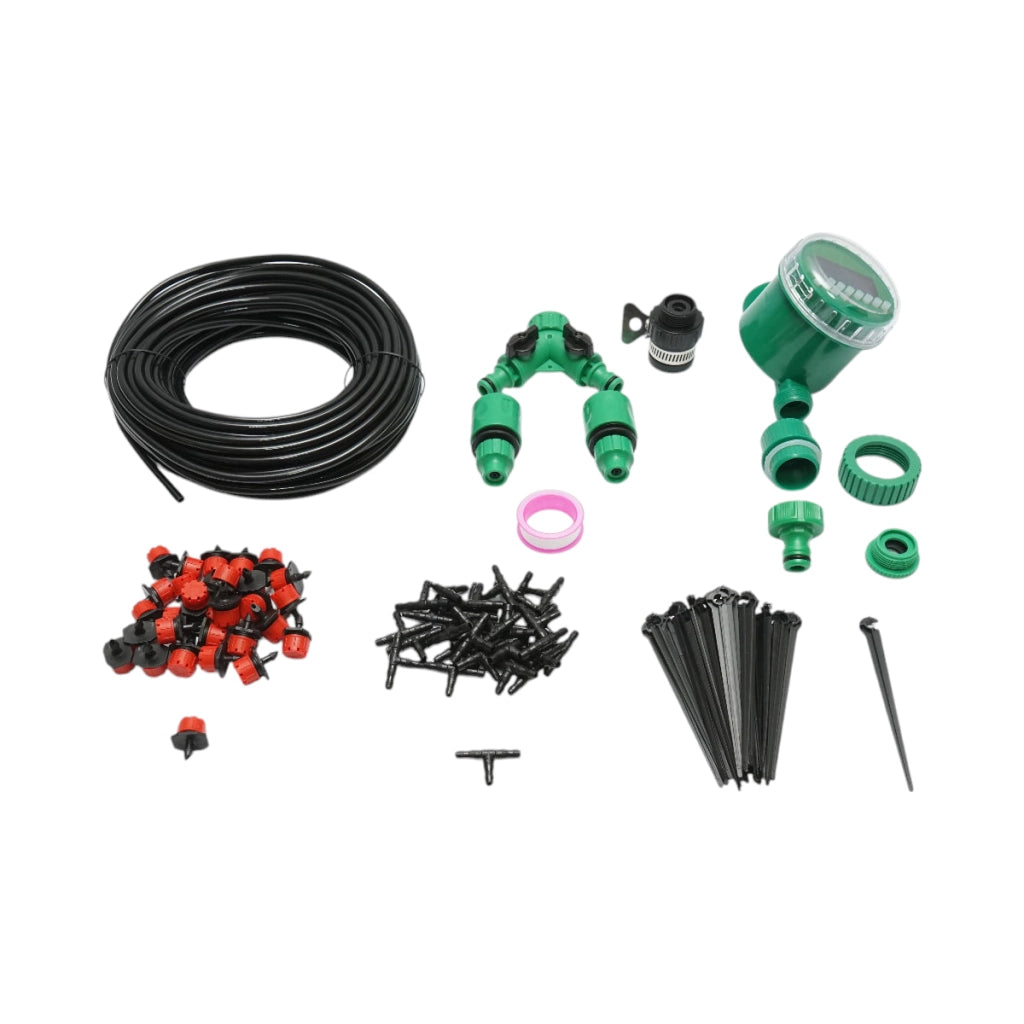 Kit completo per irrigazione a goccia con tubo da 25 m, timer, ugelli, connettori e aste di fissaggio (100 pezzi)