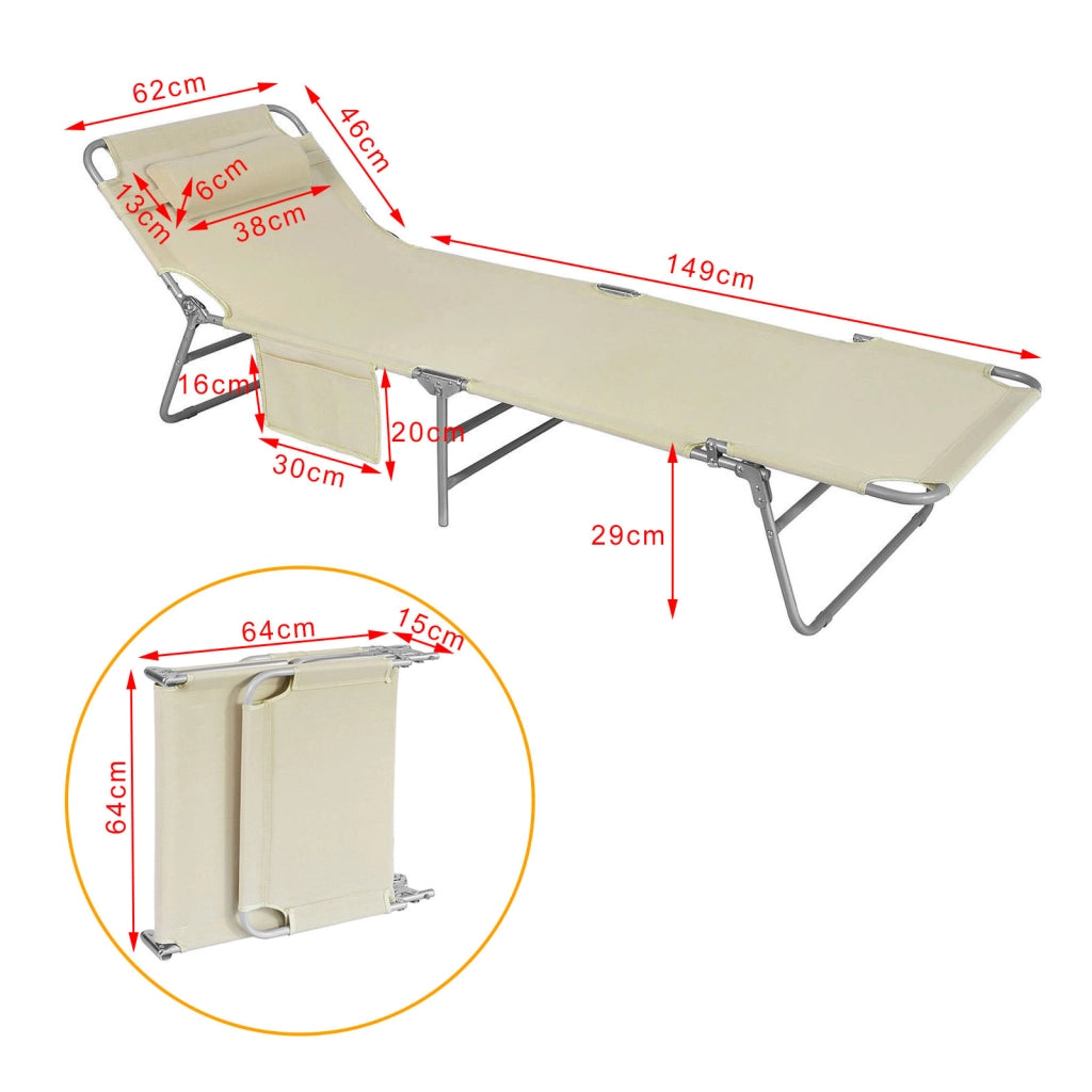 SoBuy Sdraio da Giardino Reclinabile Lettino Prendisole con Cuscino e Tasca Laterale Sedia Sdraio da Esterno per Patio Campeggio Spiaggia Sdraio Pieghevole da Giardino Beige 155x56x81cm OGS35-MI