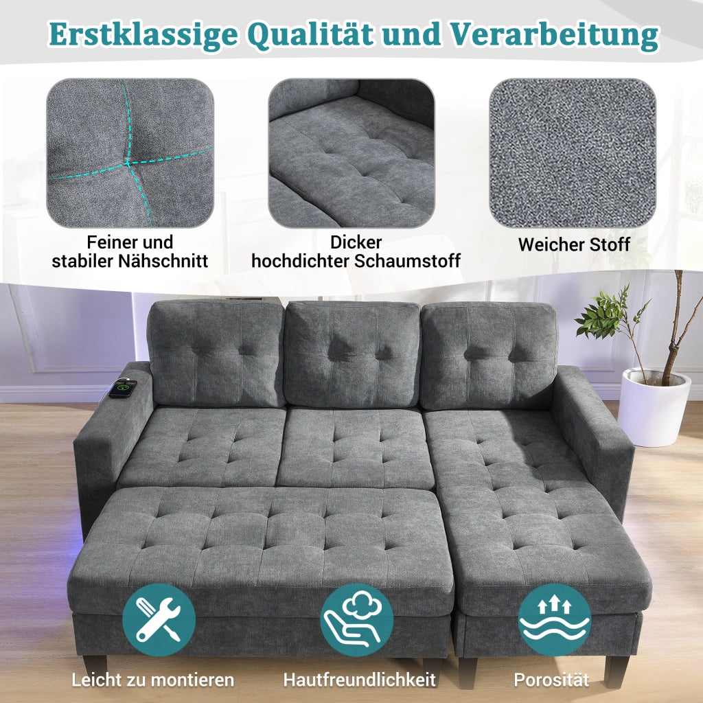 DIVANO LETTO ANGOLARE L-Form 156x115 cm Chenille Grigio con LED e USB