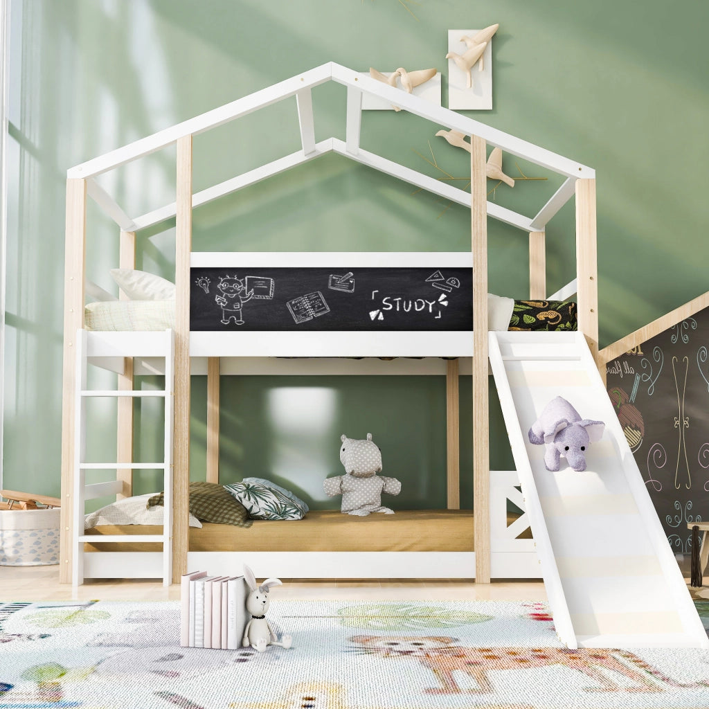 OKWISH Letto a Casetta 90×200 cm, Letto Singolo con Scivolo, Scala e Lavagna, senza Materasso, in Legno Massello, Bianco