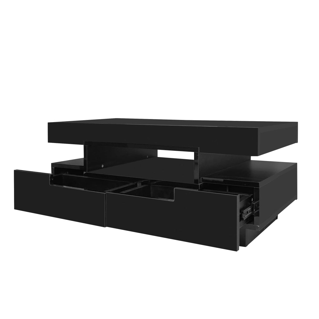 Tavolino da caffè 80x50x36 cm; LED regolabile e 3 vani con 4 cassetti; pannello truciolare nero