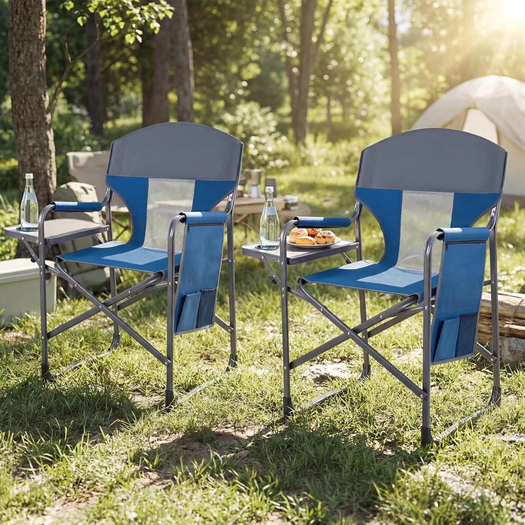 Sedia da Campeggio Pieghevole, Sedia da Regista con Tavolino Laterale, Portabicchieri e Tasca Portaoggetti, Portata 180 kg, Poltrona da Esterno per Spiaggia, Pesca e Picnic (Blu)