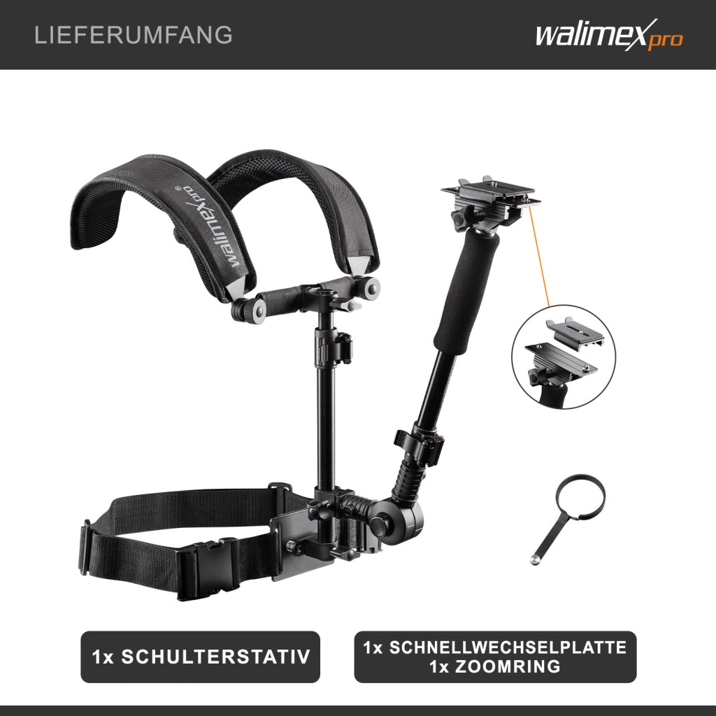 Treppiede a spalla video per fotocamera e videocamera, ergonomico, regolabile e confortevole, ideale per fotografie e riprese a lungo termine, con piastra a sgancio rapido e anello zoom