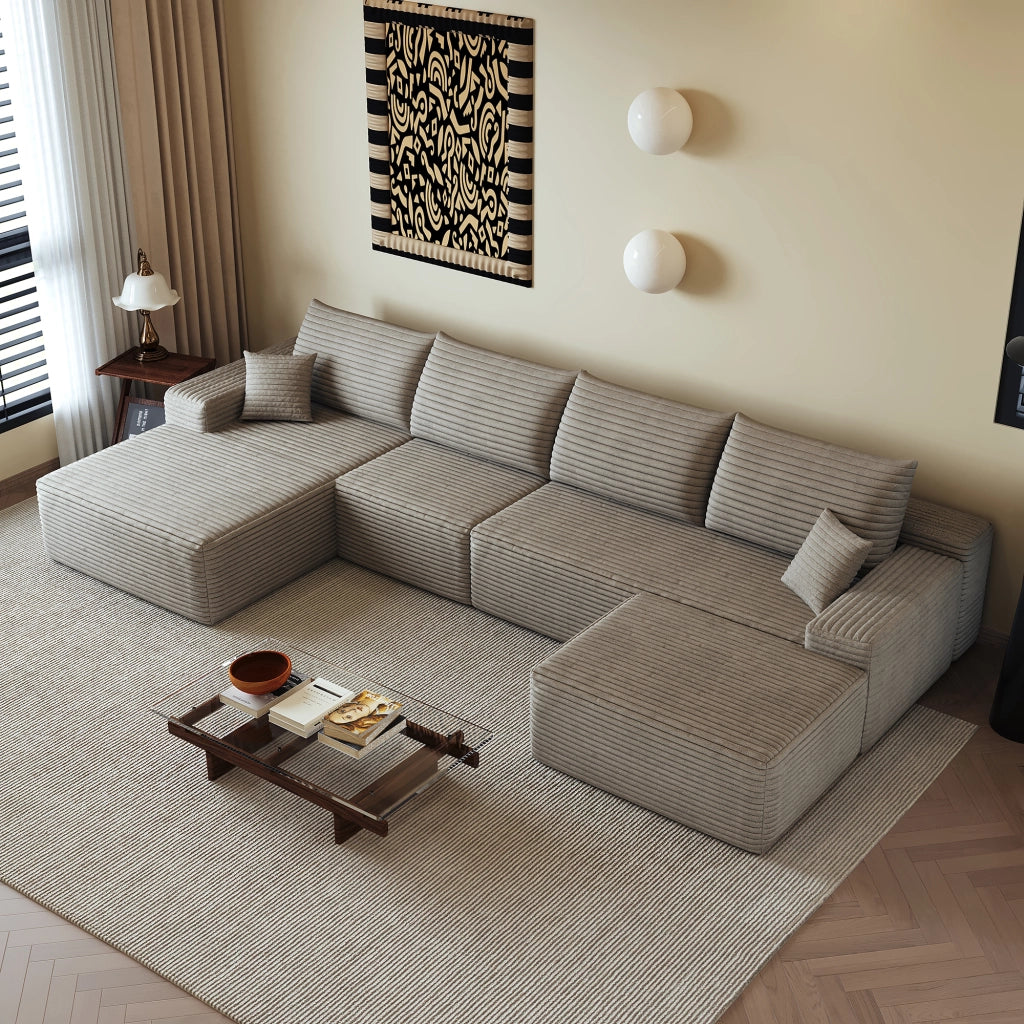 Divano angolare modulare con chaise longue, schiuma ad alta elasticità, in tessuto a coste camel 270 × 175 × 83 cm