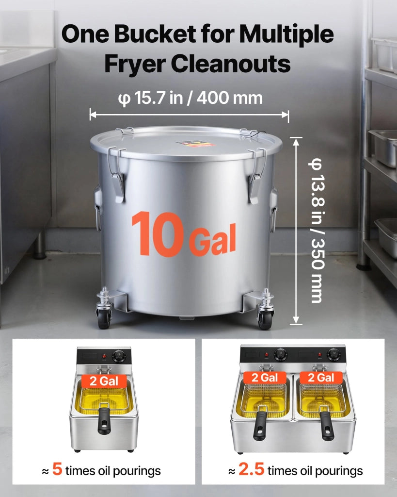 GLT-10GAL Secchio per Grasso Friggitrice da 10 Gal 37,8L in Acciaio al Carbonio Grigio Contenitore Olio con Ruote e Coperchio Robusto