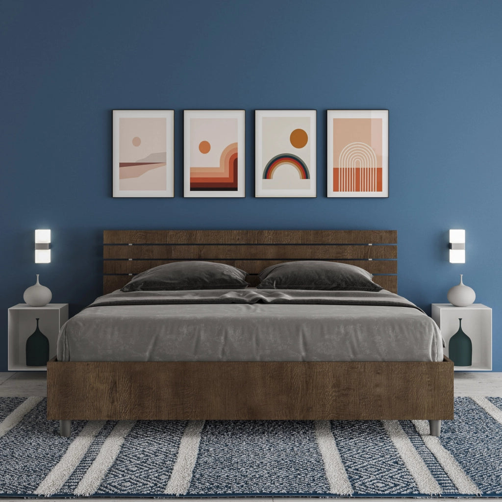 Letto Matrimoniale 160x190 cm con Rete e Contenitore Alzata Comoda Testata Inclinata a Doghe Ankel Noce