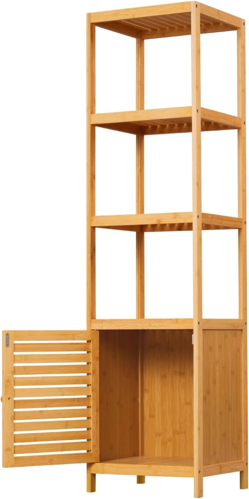 Armadio da Bagno in Bambù, Mobile da Bagno Alto e Stretto con Porta a Battente, 4 Ripiani Aperti, Scaffale Angolare Indipendente, 36x33x140cm