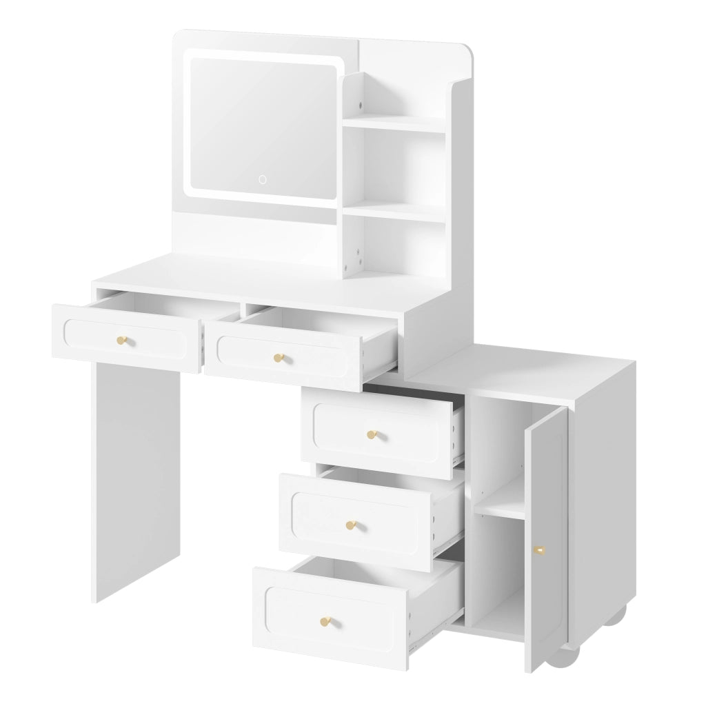 Tavolo da trucco bianco con specchio HD, 5 cassetti, 1 anta, 3 vani a giorno e illuminazione LED a 3 modalit¨¤