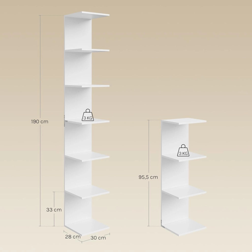 Scaffale Angolare Modulabile, Libreria a Muro 7 Livelli o 2 Scaffali Indipendenti da 4 Livelli, in Legno per Soggiorno, Camera da Letto, Cucina, Colore Bianco