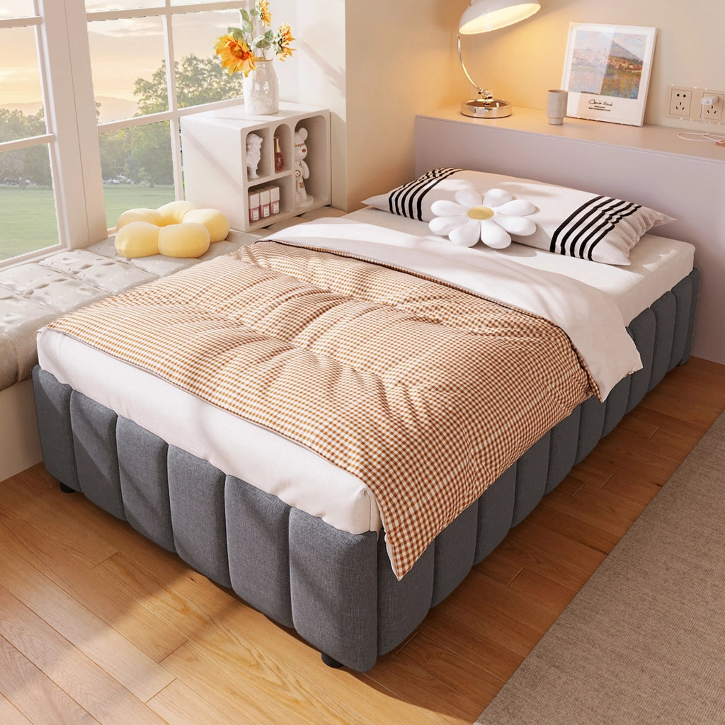 OKWISH Letto Contenitore 90×200 cm, Letto Singolo con Contenitore Idraulico, senza Testiera, senza Materasso, in Lino, Grigio