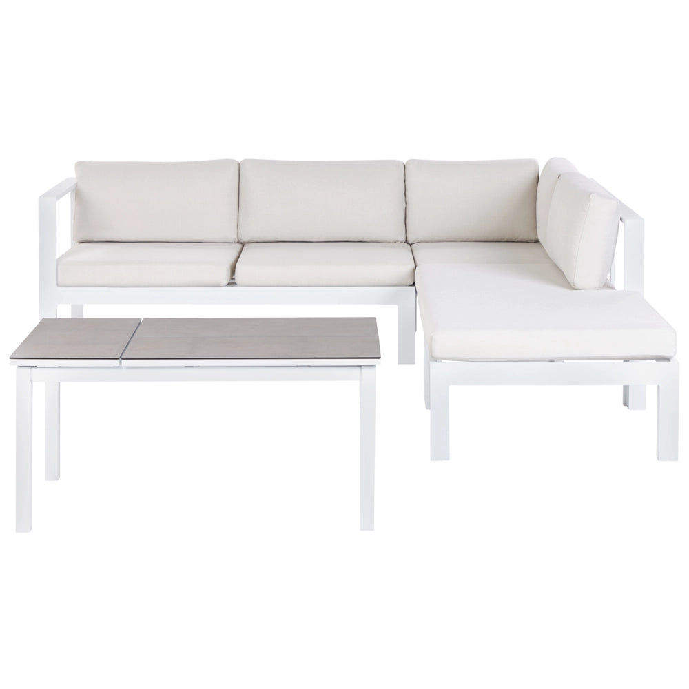 Set da giardino divano 5 posti e tavolo elevabile con struttura bianca e piano in vetro e cuscini bianchi color crema stile moderno scandinavo