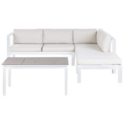 Set da giardino divano 5 posti e tavolo elevabile con struttura bianca e piano in vetro e cuscini bianchi color crema stile moderno scandinavo