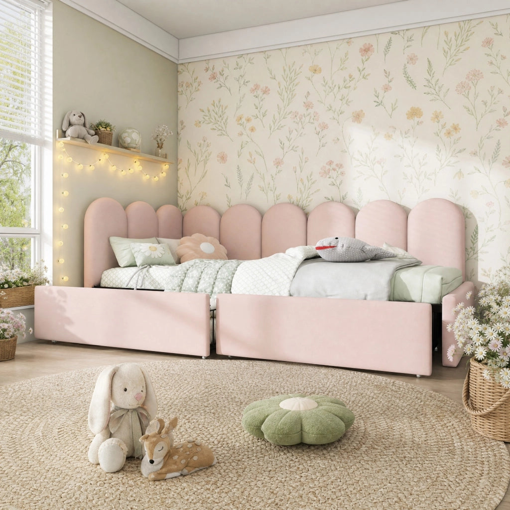Letto singolo imbottito in velluto rosa con 2 cassetti, rete a doghe, 90x200 cm