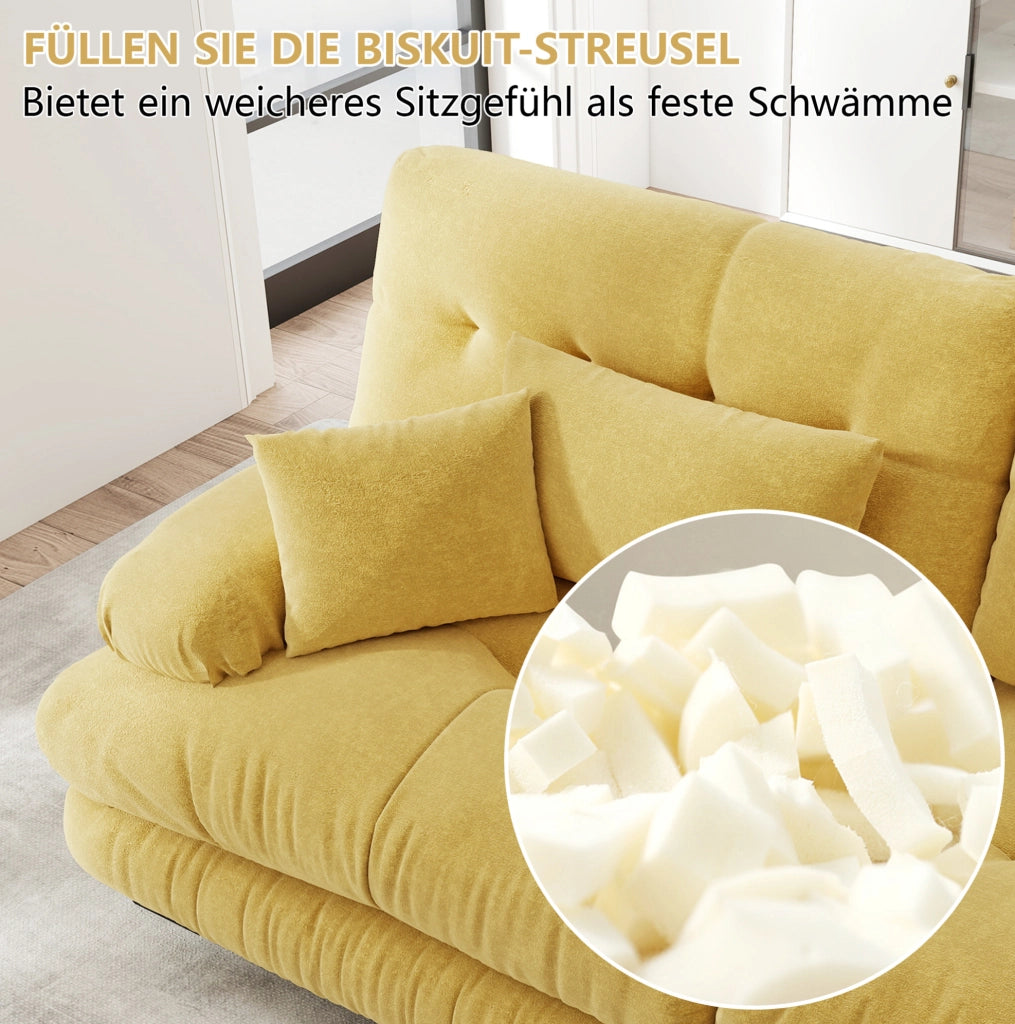 Divano modulare angolare in ciniglia gialla 220x145x81 cm con 2 pouf; cuscini lombari e decorativi