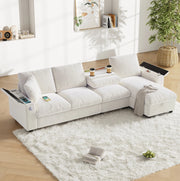 Divano letto angolare L reversibile in ciniglia con contenitore e piano ribaltabile; beige