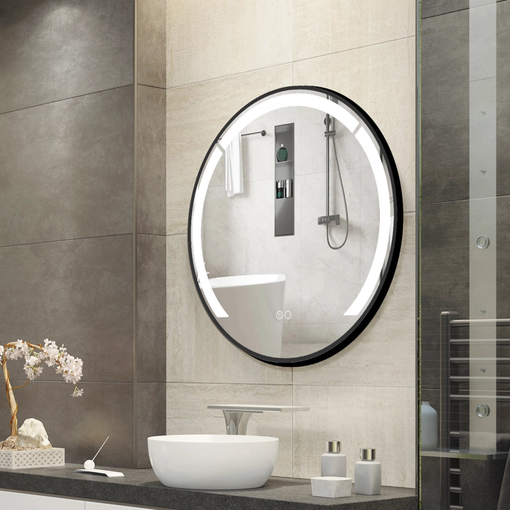 Specchio da bagno led rotondo 60 cm cornice alluminio funzione antifog-Specchio da toeletta 3 colori luce luminosità regolabile specchio
