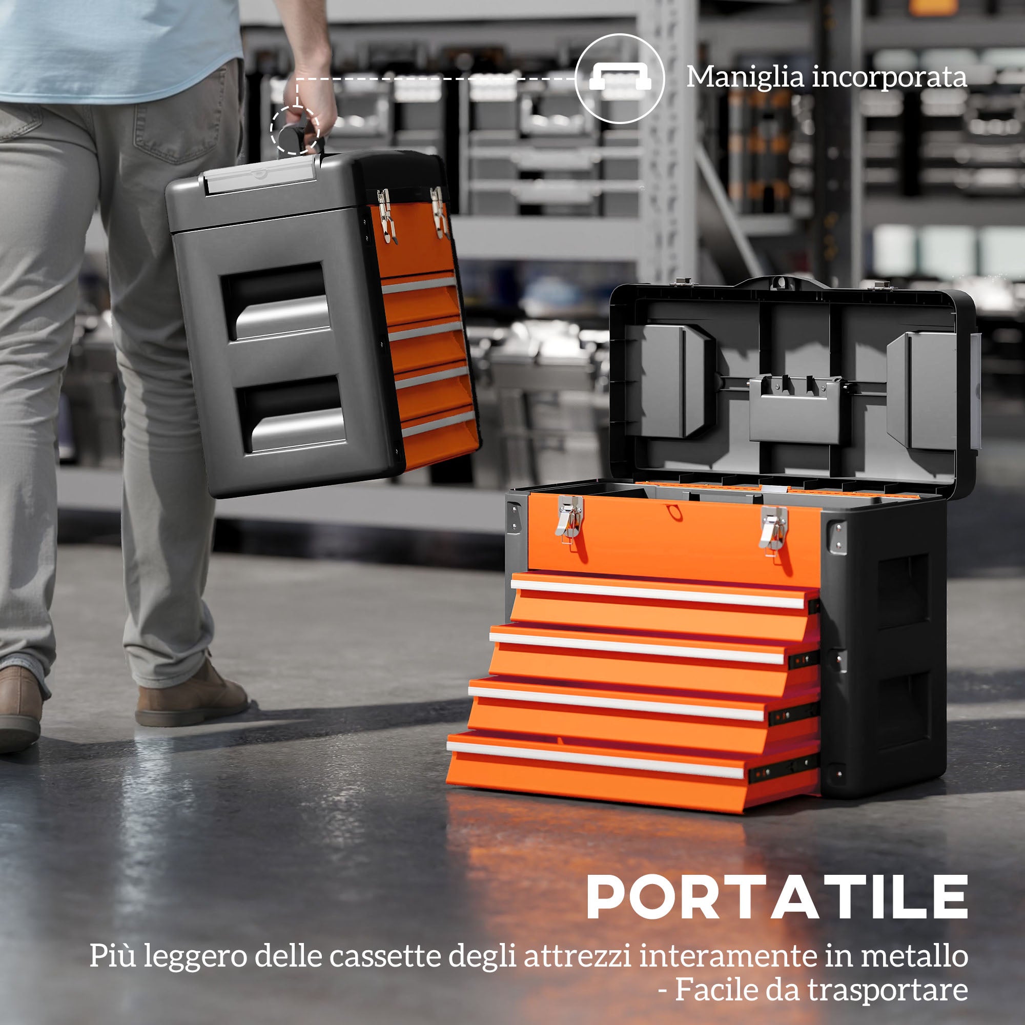 Cassetta Porta Attrezzi 49,7x25,3x40,7 cm con 4 Cassetti e Scomparto Superiore in Acciaio e Plastica Arancione e Nero