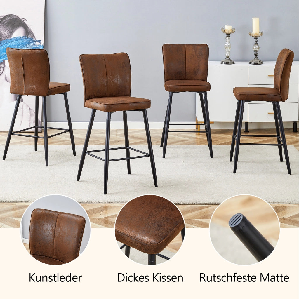 Set di 2 Sgabelli da Bar con Schienale Ergonomico e Poggiapiedi Quadrato; Metallo e Tessuto; Marrone e Nero