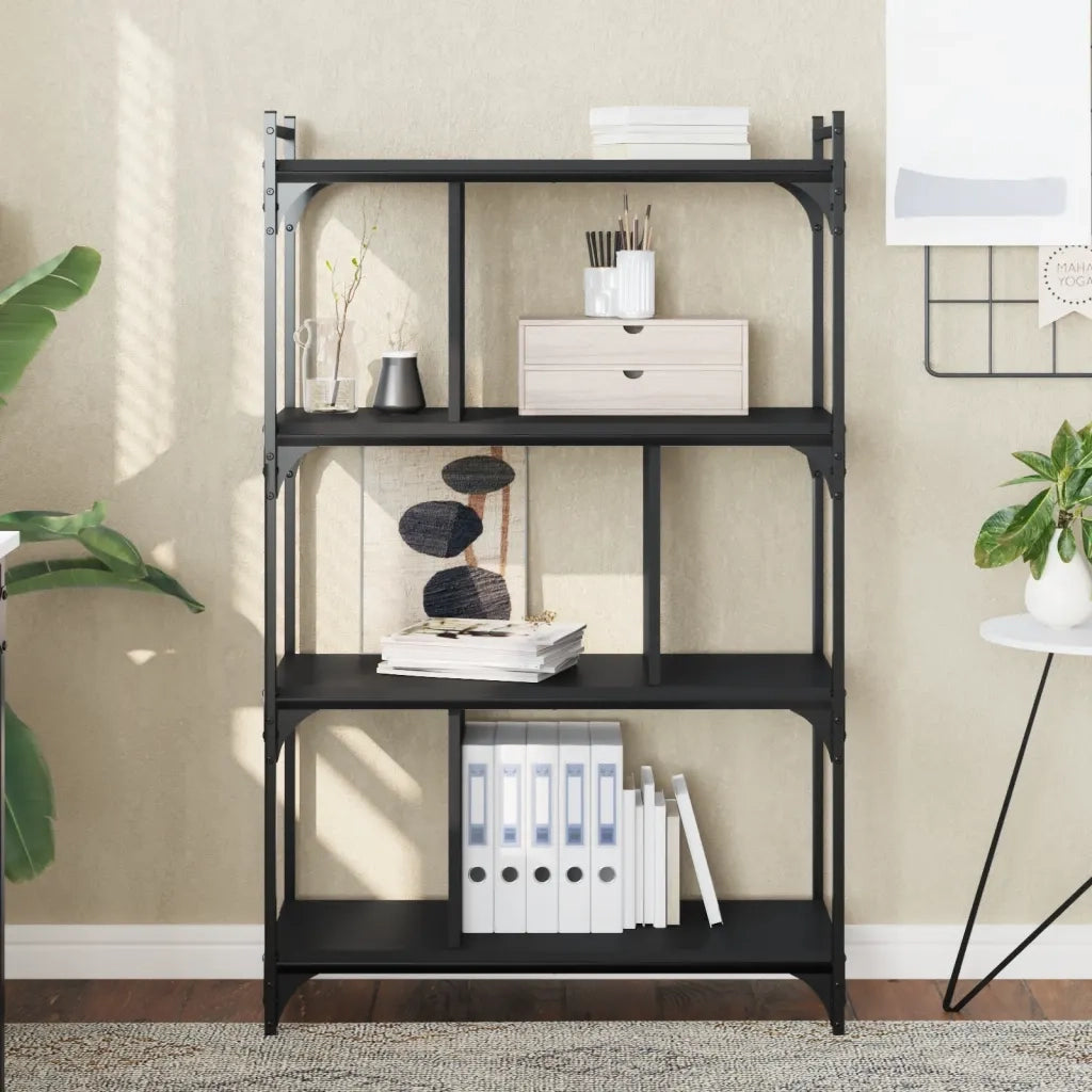 Libreria-Scaffale per Libri-Mobile di Stoccaggio Nera 4 Ripiani 76x32x123 cm Legno Multistrato