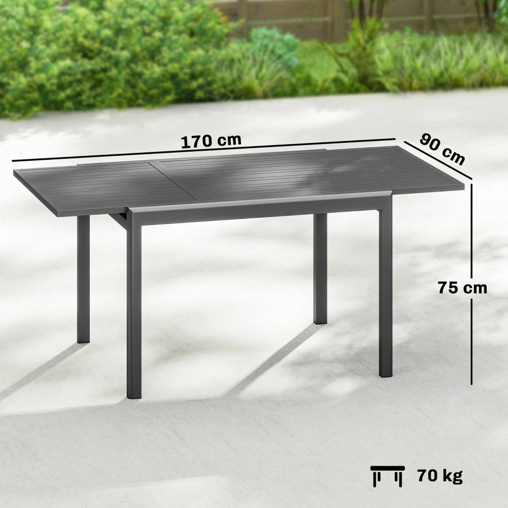 Tavolo da Giardino Allungabile 110-170x90x75 cm per 6-8 Persone con Piano a Doghe in Alluminio Grigio Scuro