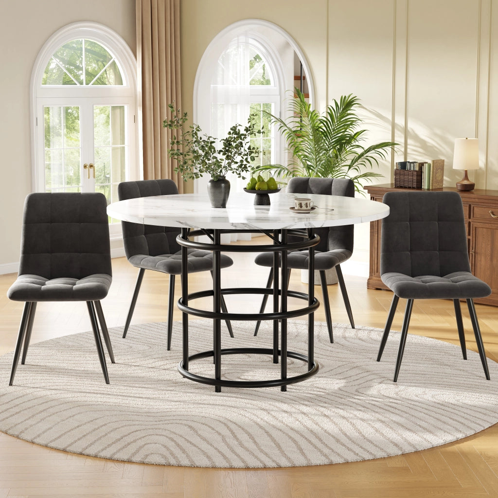 Set Tavolo Rotondo e 4 Sedie da Pranzo ¨C Xylo ¨C Piano Bianco MDF, Seduta Velluto Grigio, ?100cm
