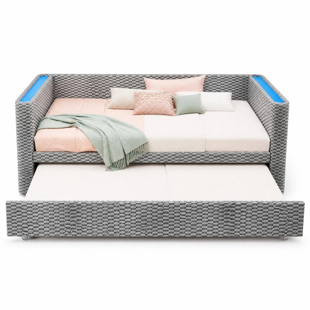 Letto estraibile multifunzione in velluto grigio con LED