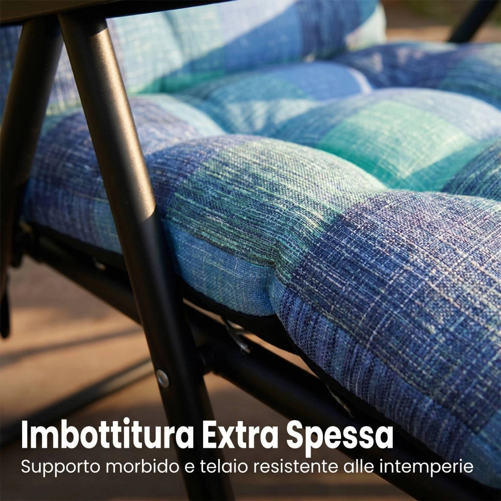 Marvin Sdraio da Giardino con Poggiapiedi Reclinabile Regolabile in 6 Posizioni Flock Poltrona con Cuscino  BLU A QUADRI