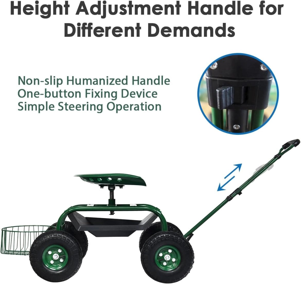Sedile girevole per giardinaggio, sedile da giardino, girevole a 360°, regolabile in altezza, 45,5-54,5 cm, carrello da giardino con manico estraibile, ripiano e cestino da lavoro, portata 150