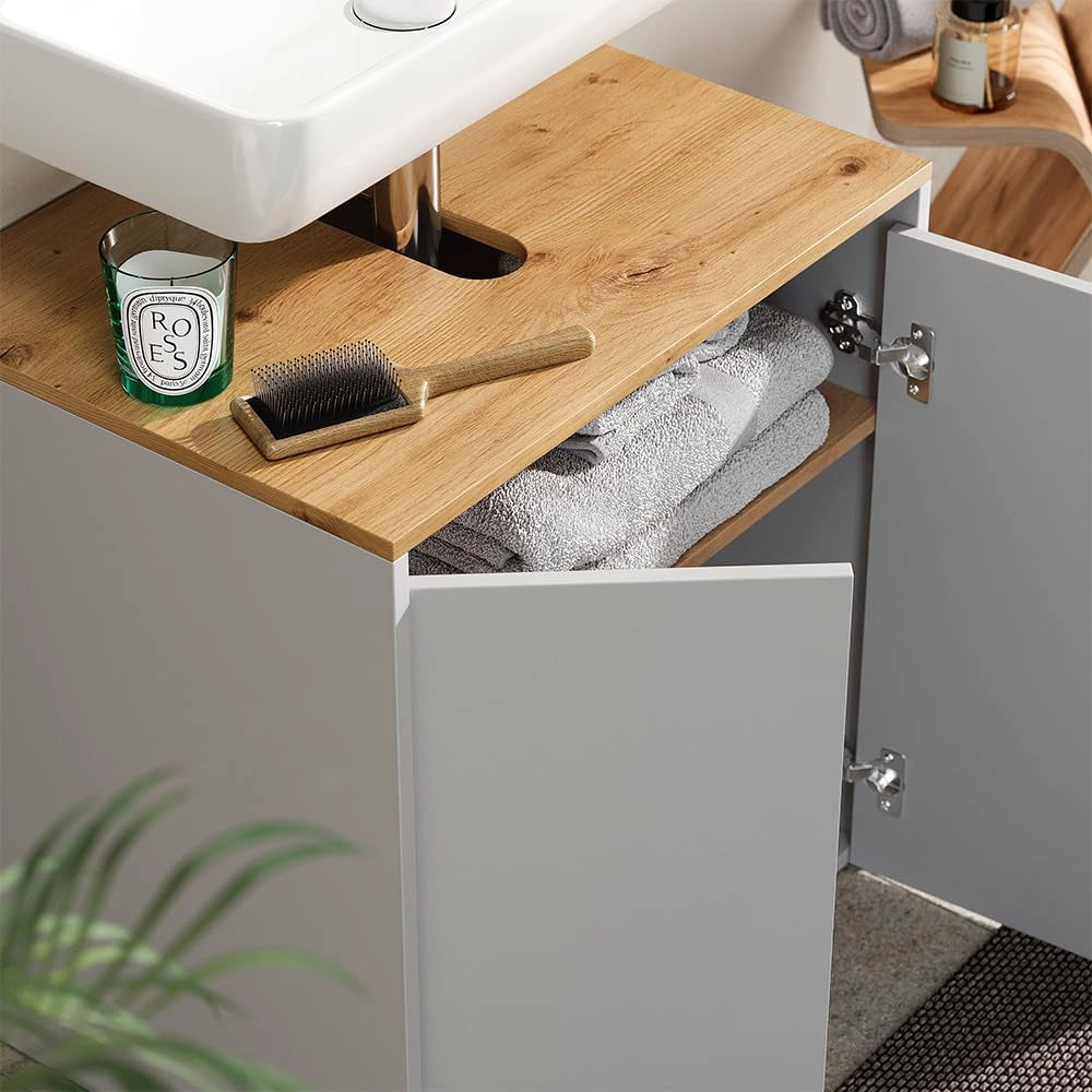 Mobile sottolavabo per bagno Viktor, Bianco/Artisan, 60.2 x 65 cm, con foro per sifone e ripiano interno regolabile in altezza
