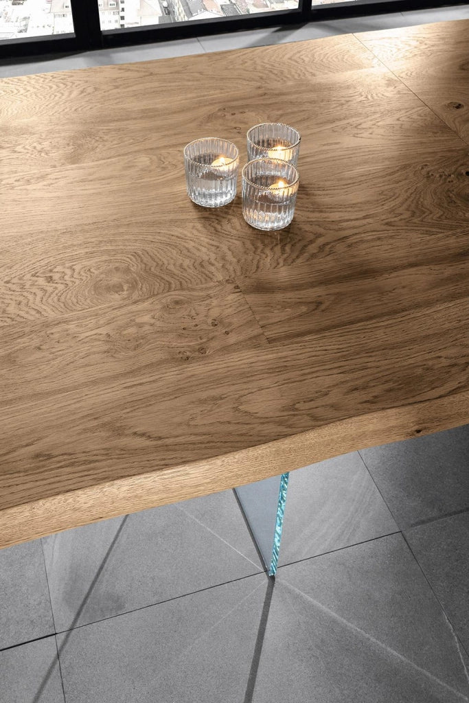 Tavolo Fisso 160x90x76 cm Gambe in Vetro con Top in Rovere Naturale