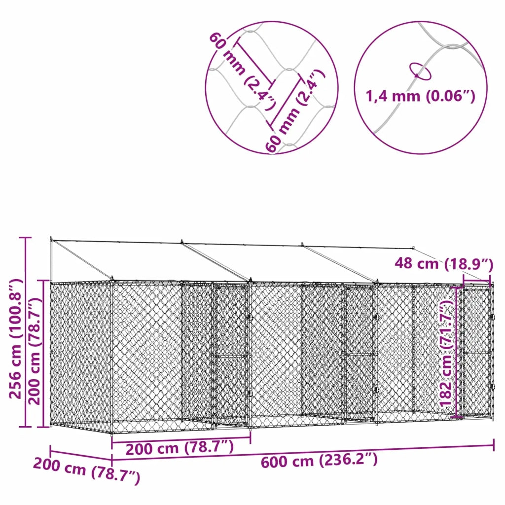 Gabbia per Cani con Tetto Argento 600 x 200 x 256 cm 3368299