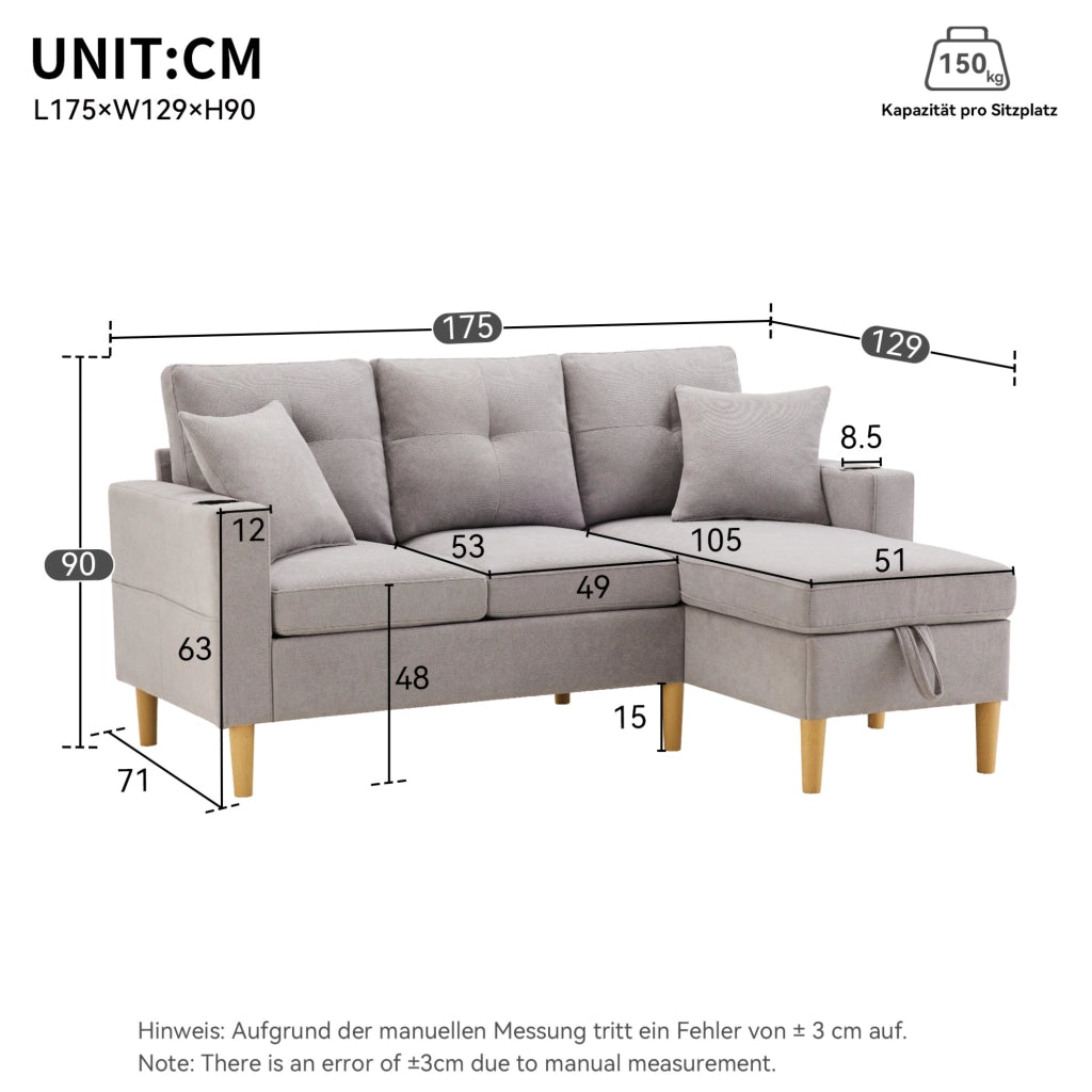 Divano angolare 3 posti con chaise longue e contenitore grigio