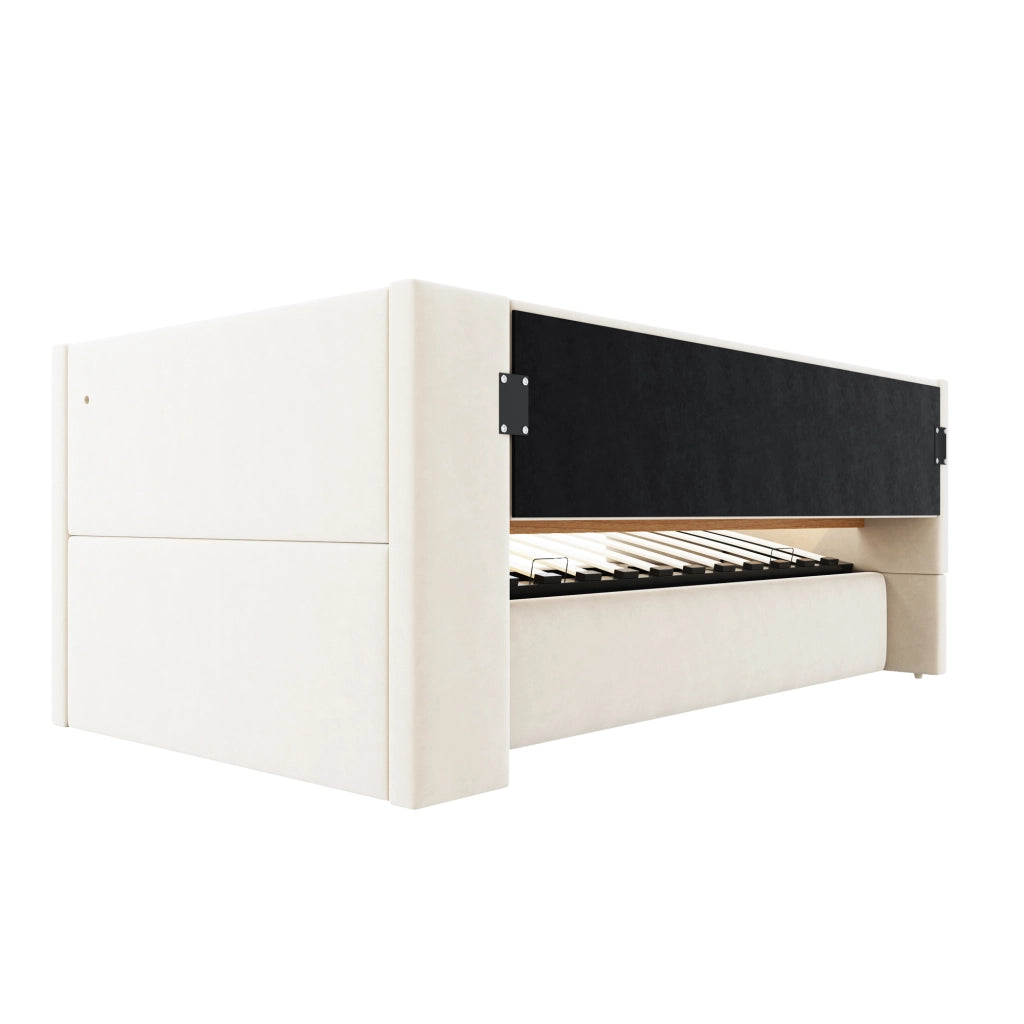 Letto imbottito trasformabile 90x190 cm con contenitore idraulico, LED, prese e rivestimento beige