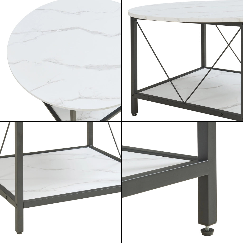 Tavolino da Caffè Filem con Piano Rotondo e Ripiano ØxA: 80 x 46 cm - Effetto Marmo Bianco [en.casa]