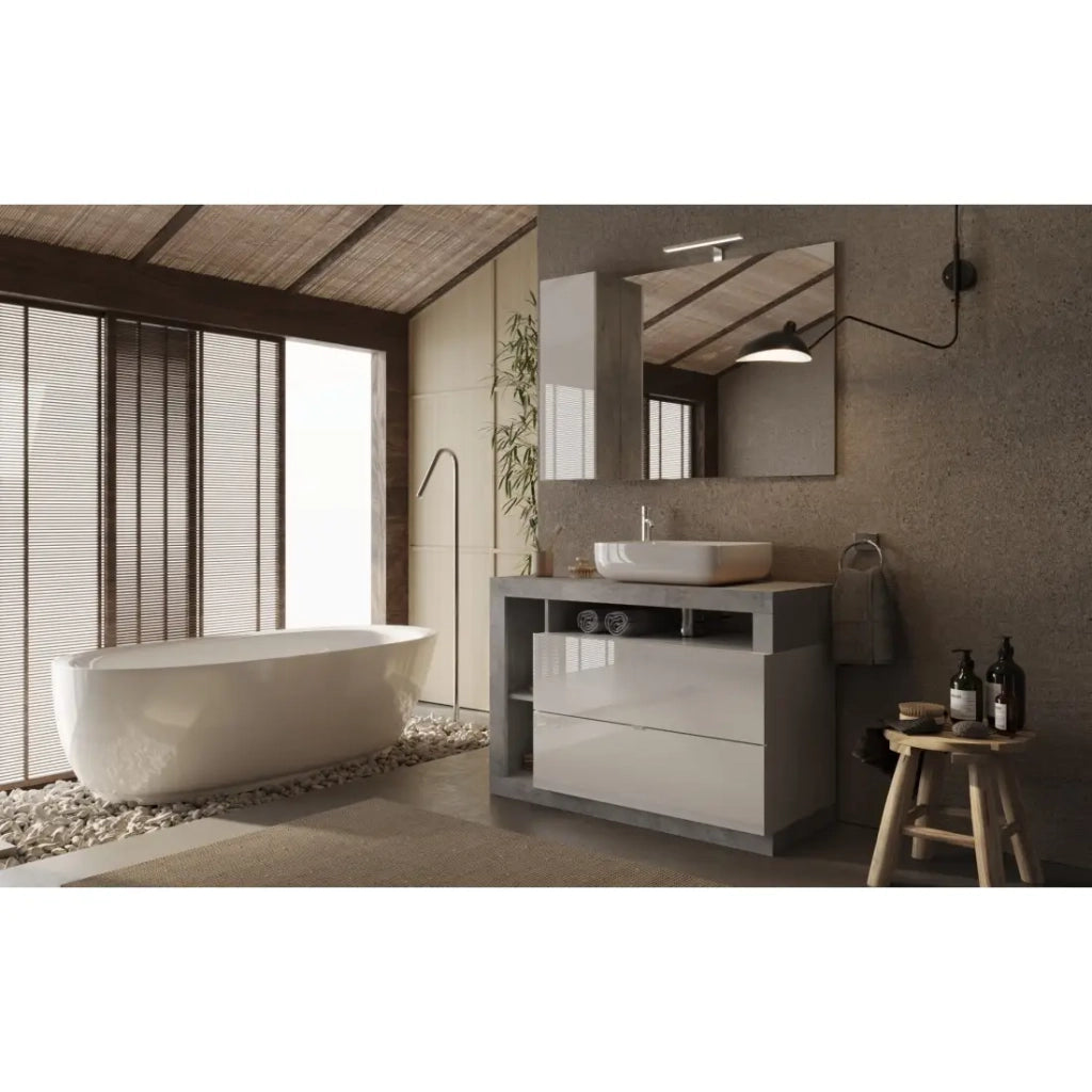 Mobile da bagno con un lavabo e 2 cassetti, collezione BURA. Colori bianco lucido e cemento.