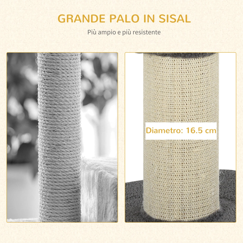 Tiragraffi ad Albero per Gatti con Cuccia, Cuscino, Rivestimento Peluche e Pali in Corda Sisal
