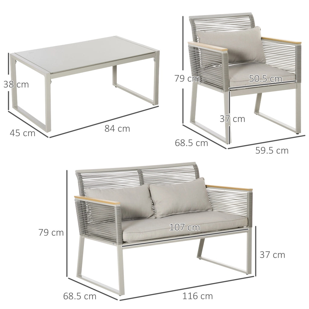 EasyComfort Set da Giardino 4 Pezzi in Rattan PE con 2 Poltrone, Divanetto e Tavolino da Caffè in Vetro Temperato Grigio