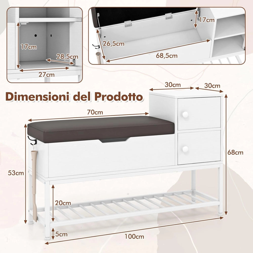 Panchina da Ingresso, Panca Porta Scarpe con Vano a Ribalta e 2 Armadietti, con Seduta Scarpiera Laterale e Calzascarpe Estraibile, per Corridoio Soggiorno