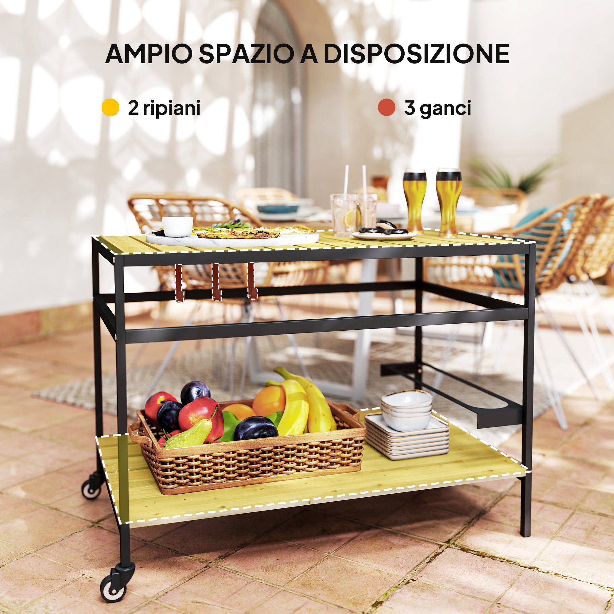 Carrello Portavivande da Giardino 107x65x80 cm Ripiano e Maniglia in Legno a Doghe e Acciaio