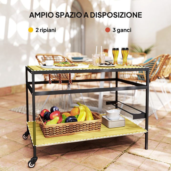 Carrello Portavivande da Giardino 107x65x80 cm Ripiano e Maniglia in Legno a Doghe e Acciaio