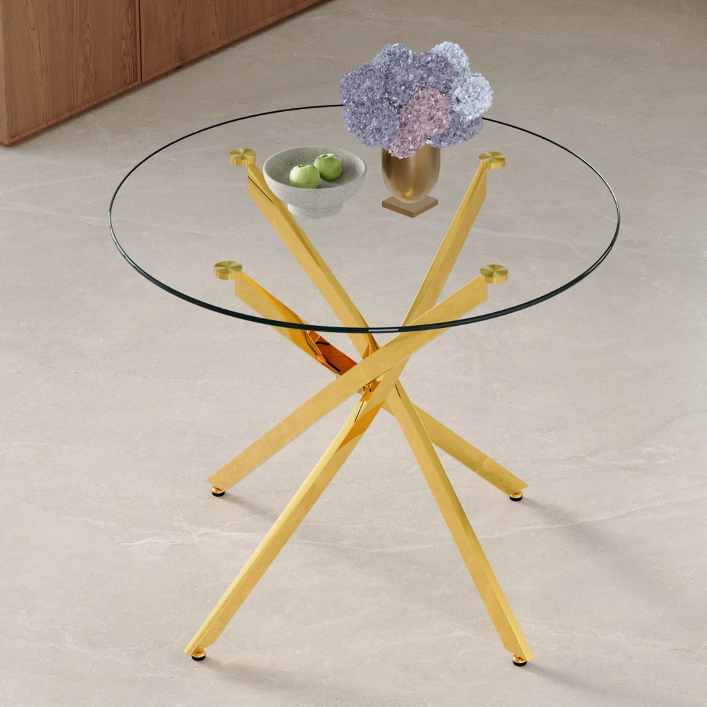 Tavolo da Pranzo Rotondo ¨C MINIMAL ¨C Vetro Temperato, Telaio Metallo Dorato, 88 cm, 2-4 Persone
